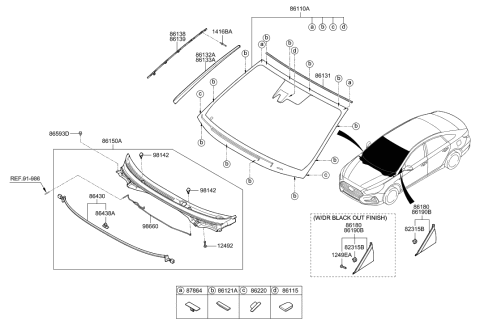 2019 Hyundai Sonata Hybrid Windshield Glass Assembly Diagram for 86110-E6540