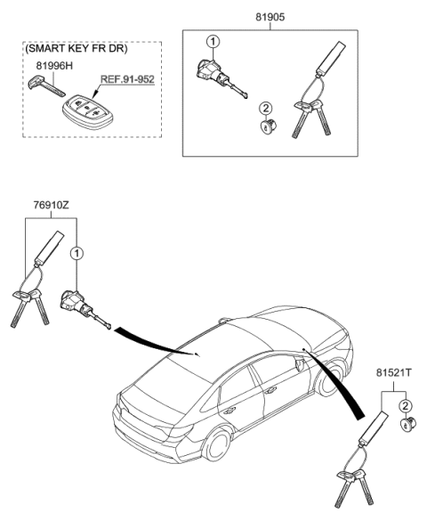 2019 Hyundai Sonata Hybrid Key & Cylinder Set Diagram