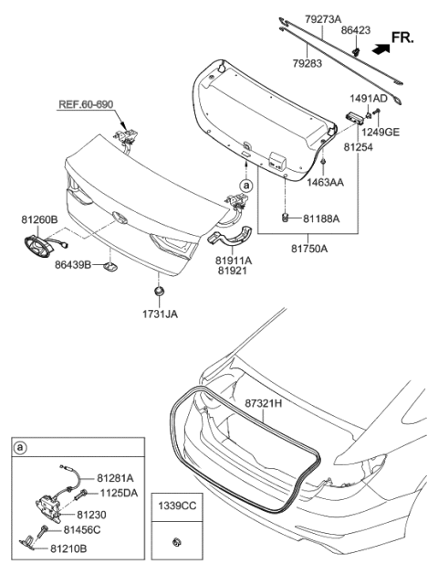 2018 Hyundai Sonata Hybrid Trunk Lid Latch Assembly Diagram for 81230-C1500