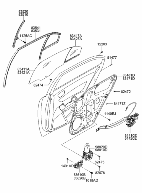 2007 Hyundai Sonata Old Body Style Rear Door Window Reg & Glass Diagram