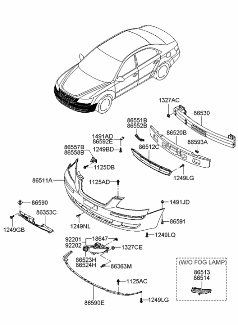 2007 Hyundai Sonata Front Bumper Lip Assembly Diagram for 86590-3K001