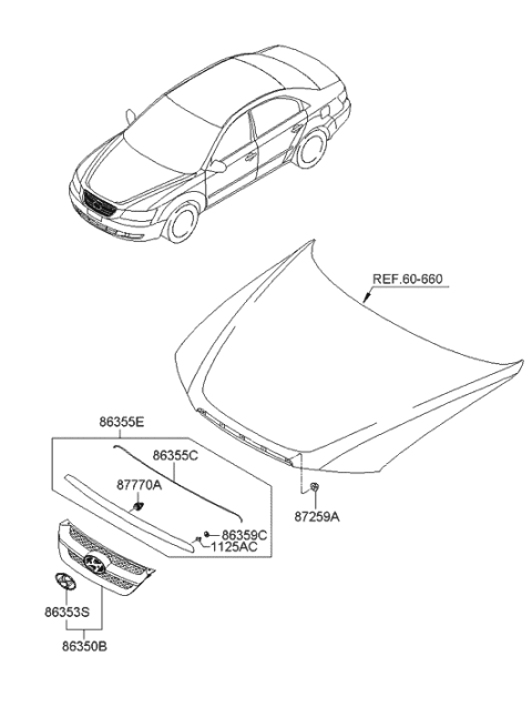 2007 Hyundai Sonata Garnish Assembly-Radiator Grille,Upper Diagram for 86355-3K000