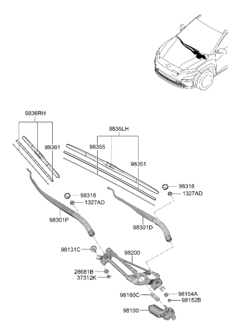 2022 Hyundai Kona Electric Blade Assembly Wiper Passenger Seat Diagram for 98360-1W050