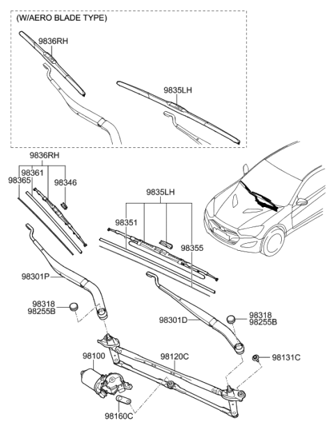 2016 Hyundai Genesis Coupe Passeger Wiper Blade Assembly Diagram for 98360-2M050