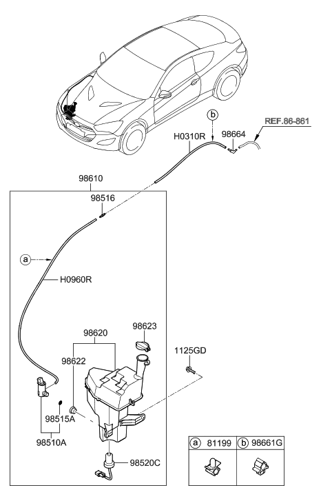 2014 Hyundai Genesis Coupe Windshield Washer Reservoir Assembly Diagram for 98620-2M500