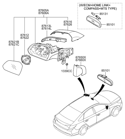 2017 Hyundai Sonata Hybrid Mirror Assembly-Outside Rear View,RH Diagram for 87620-E6020