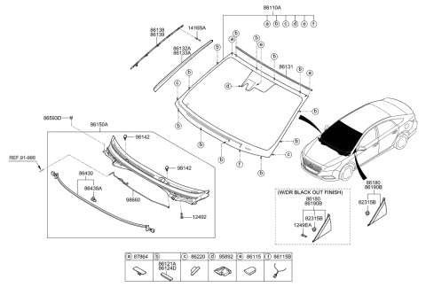 2016 Hyundai Sonata Hybrid Windshield Glass Diagram