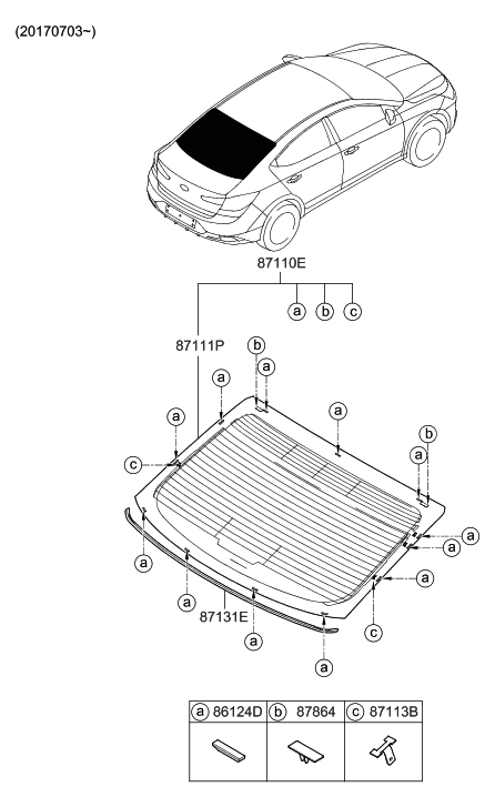 2020 Hyundai Elantra Korean made Rear Window Glass & Moulding Diagram 2