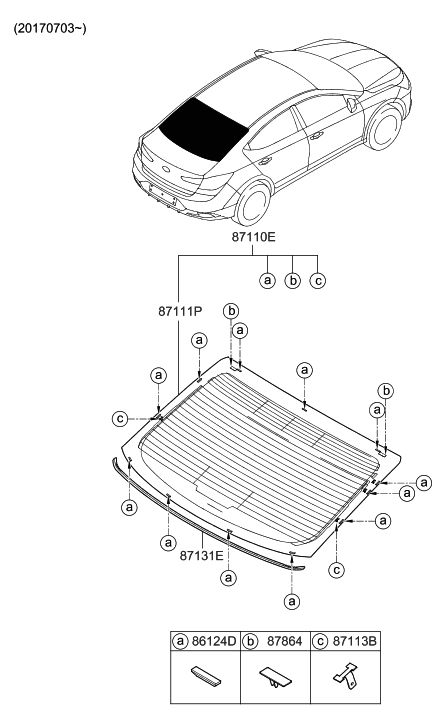 2020 Hyundai Elantra Rear Window Glass & Moulding Diagram 2