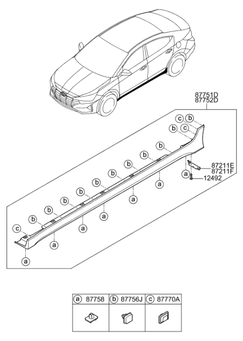 2020 Hyundai Elantra Clip-Side Sill Moulding Mounting Diagram for 87758-2V500