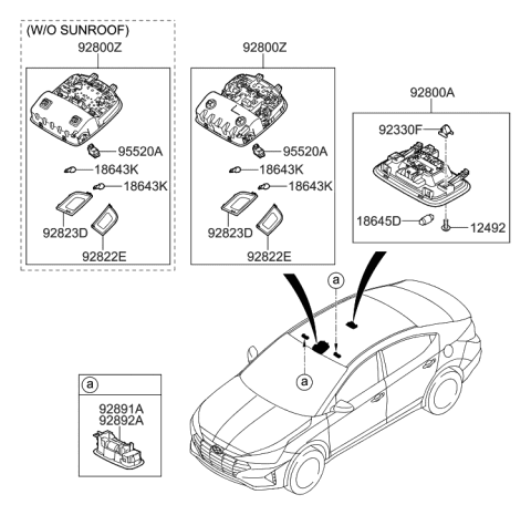 2020 Hyundai Elantra Overhead Console Lamp Assembly Diagram for 92800-F2250-TTX