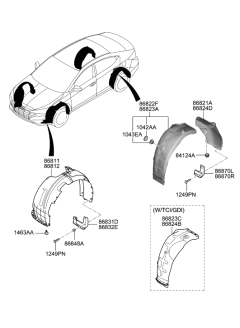 2006 Hyundai Tiburon Front Wheel Guard Assembly,Right Diagram for 86812-F2800
