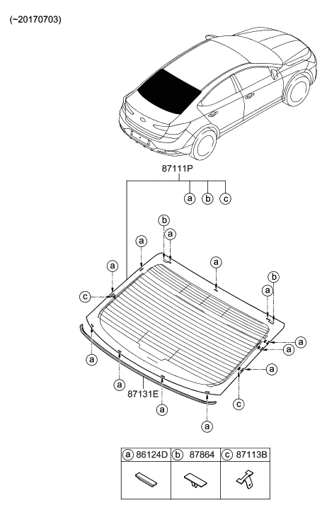 2020 Hyundai Elantra Korean made Rear Window Glass & Moulding Diagram 1
