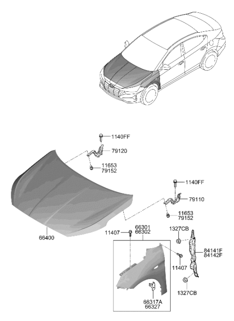 2020 Hyundai Elantra Korean made Fender & Hood Panel Diagram