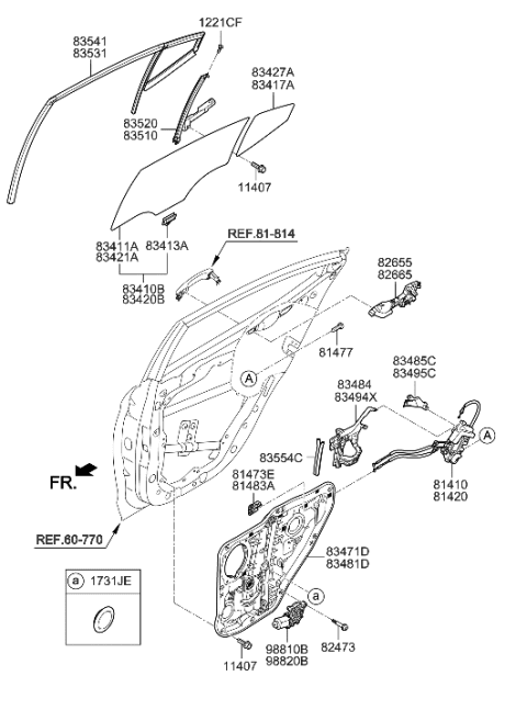 2020 Hyundai Elantra Korean made Rear Door Window Regulator & Glass Diagram