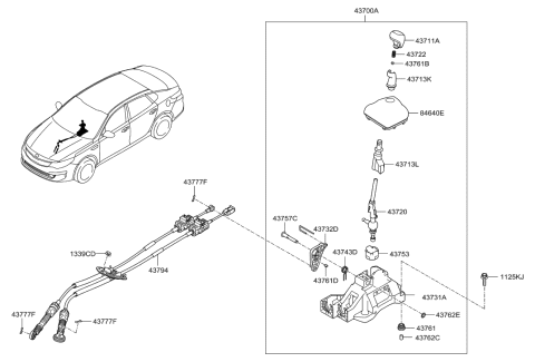 2016 Hyundai Elantra Manual Transmission Lever Cable Assembly Diagram for 43794-F3200