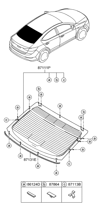 2017 Hyundai Elantra US Alabama made Rear Window Glass & Moulding Diagram