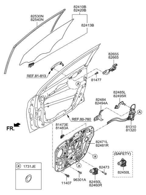 2017 Hyundai Elantra US Alabama made Front Door Window Regulator & Glass Diagram