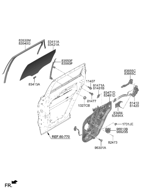 2023 Hyundai Santa Fe Rear Door Window Regulator & Glass Diagram