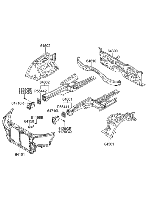 2014 Hyundai Genesis Old Body Style Fender Apron & Radiator Support Panel Diagram