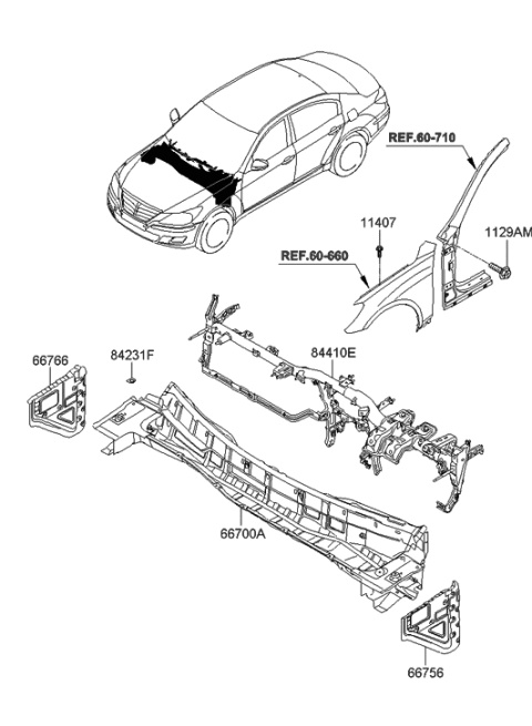 2009 Hyundai Genesis Panel-Cowl Side Outer Upper,LH Diagram for 66756-3M000