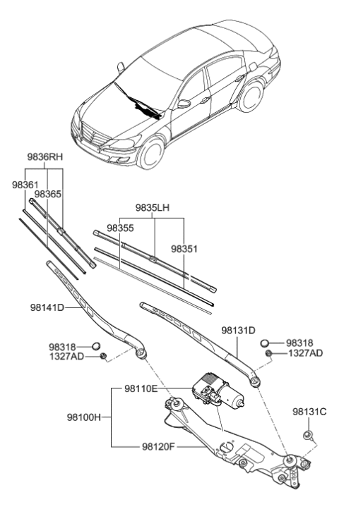 2011 Hyundai Genesis Windshield Wiper Motor & Link Assembly Diagram for 98100-3M000