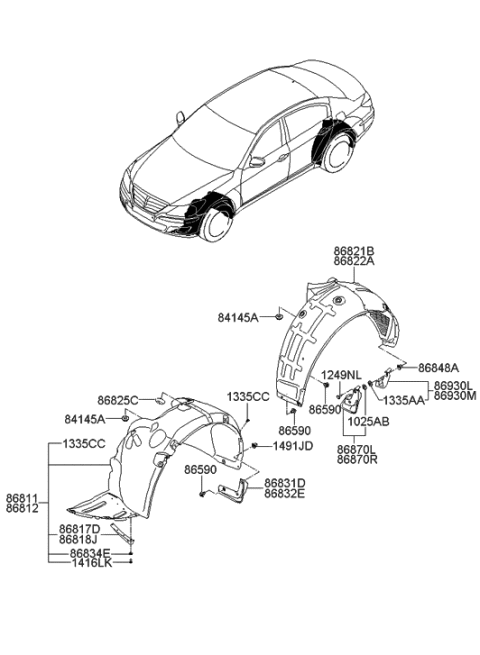 2010 Hyundai Genesis Mud Guard Assembly, Front, Left Diagram for 86831-3M500