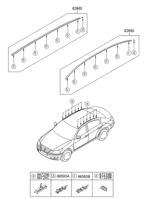 2013 Hyundai Genesis Clip-Roof Moulding Mounting Diagram for 87216-3M030