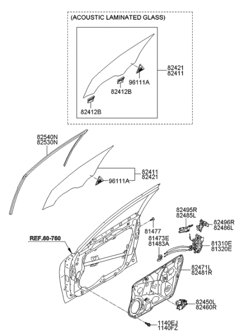 2014 Hyundai Genesis Front Door Window Regulator & Glass Diagram