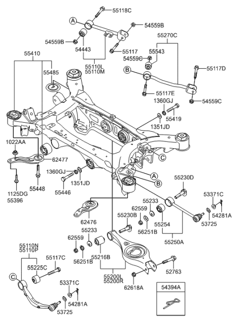 2014 Hyundai Genesis Old Body Style Rear Suspension Arm & Cross Member Diagram