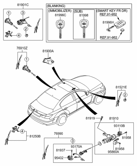 2014 Hyundai Genesis Old Body Style Key & Cylinder Set Diagram