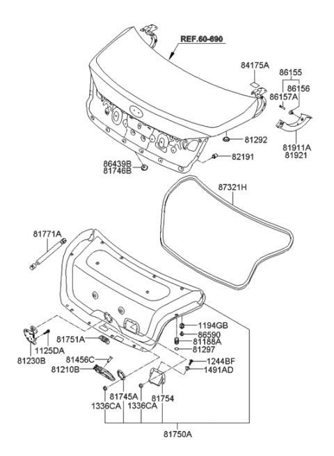 2011 Hyundai Genesis Cover-Trunk Lid Hinge Arm Lower,RH Diagram for 81921-3M000