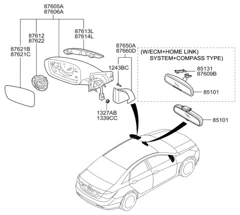 2010 Hyundai Sonata New Body Style Mirror-Outside Rear View Diagram