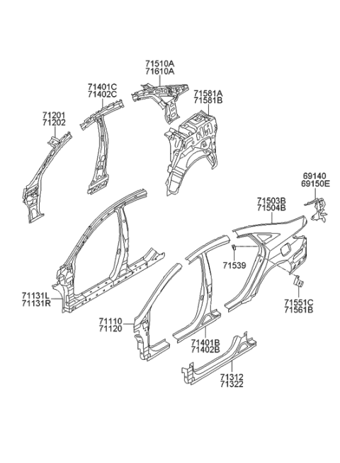 2011 Hyundai Sonata Panel Assembly-Pillar Outer,RH Diagram for 71120-3QA00