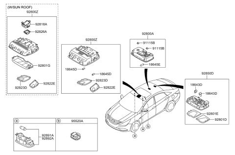 2010 Hyundai Sonata Overhead Console Lamp Assembly Diagram for 92810-3Q010-TX