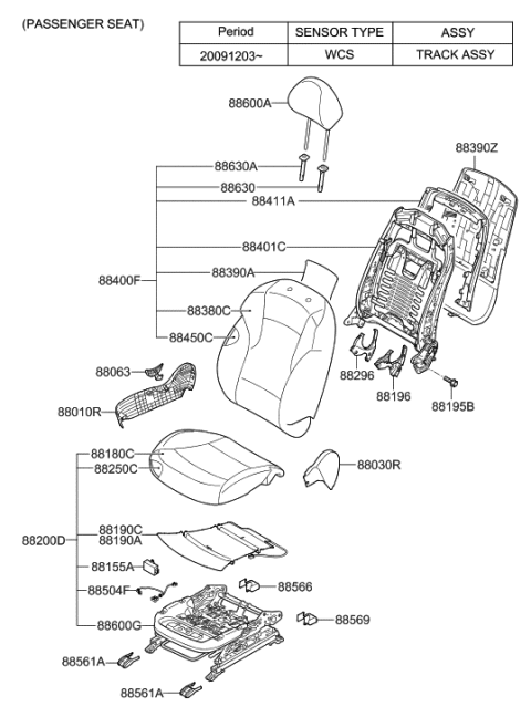 2009 Hyundai Sonata Front Passenger Side Seat Back Covering Diagram for 88460-3Q340-YS2