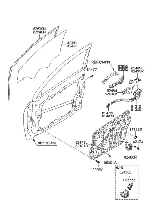 2010 Hyundai Sonata New Body Style Front Door Window Regulator & Glass Diagram