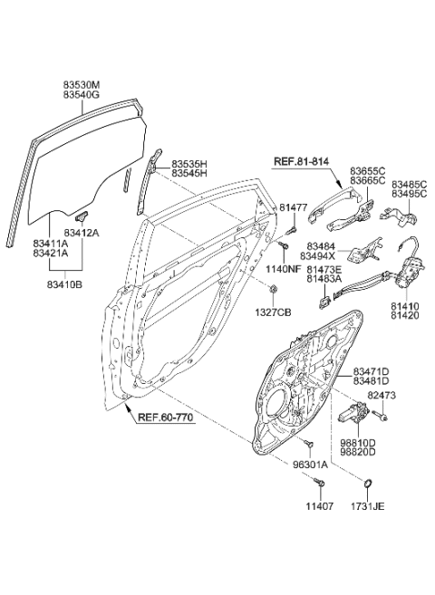 2014 Hyundai Sonata Run-Rear Door Window Glass,LH Diagram for 83530-3Q000