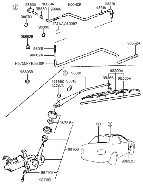 1999 Hyundai Accent Windshield Wiper Blade Diagram for 98351-34000
