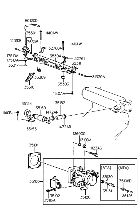 1998 Hyundai Accent Throttle Body & Injector Diagram 1