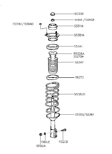 1994 Hyundai Accent Rear Right-Hand Shock Absorber Assembly Diagram for 55361-22200