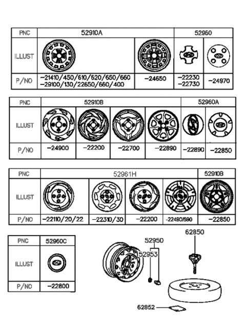 1999 Hyundai Accent Steel Wheel Assembly Diagram for 52910-21650