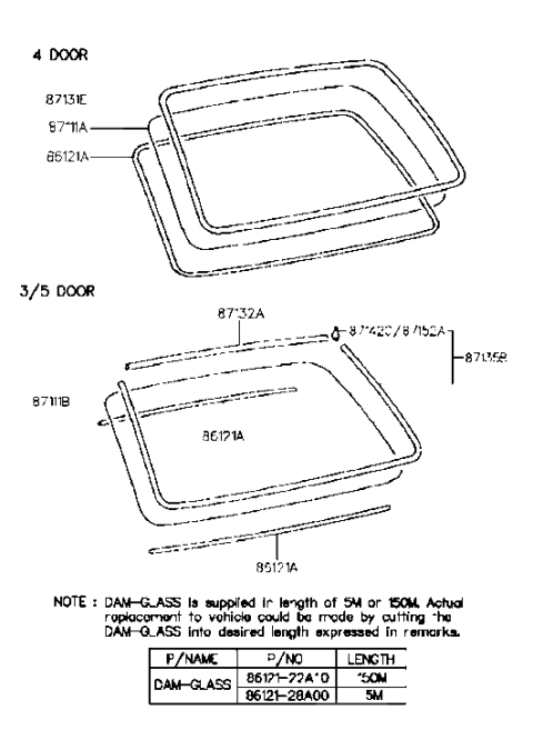 1994 Hyundai Accent Rear Window Glass & Moulding Diagram