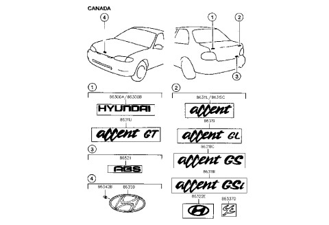 1999 Hyundai Accent Se Emblem Diagram for 86345-28510-D