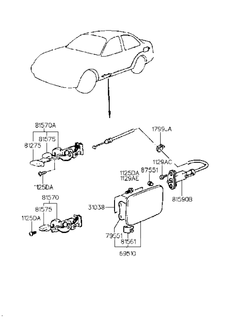 1999 Hyundai Accent Fuel Filler Door Assembly Diagram for 69510-22010
