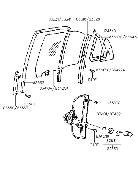 1999 Hyundai Accent Rear Door Window Reg & Glass Diagram