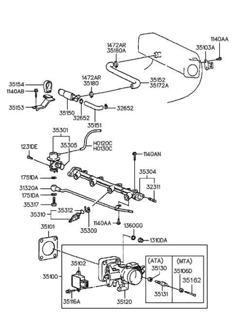 1995 Hyundai Accent Throttle Body & Injector Diagram 1