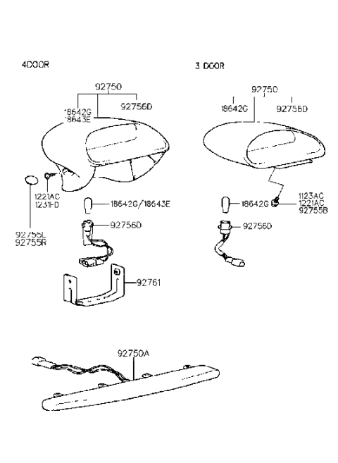 1998 Hyundai Accent Lamp Assembly-High Mounted Stop Interior Diagram for 92750-22001-FK