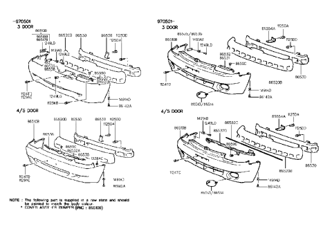 1999 Hyundai Accent Front Bumper Cover Assembly Diagram for 86510-22560