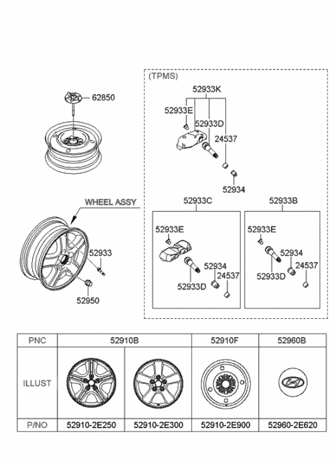 2007 Hyundai Tucson Aluminium Wheel Hub Cap Assembly Diagram for 52960-2E620